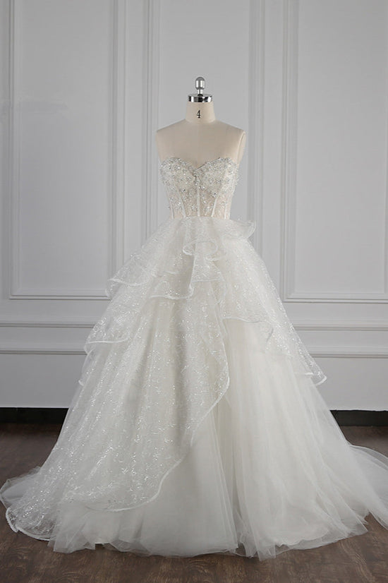 Glamorous Ball Gown Strapless Beadings Wedding Dress Sequined Layers Tulle Bridal Gowns On Sale-27dress