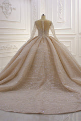 Glamorous Ball Gown Tulle Jewel Wedding Dress Long Sleeves Ruffles Beadings Sequined Bridal Gowns Online-27dress