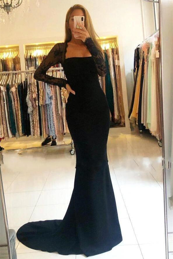Glamorous Black Square Long Sleeves Lace Mermaid Prom Dress With Pleated
