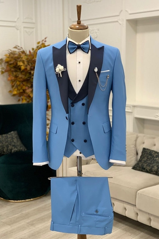 Glamorous Three Pieces Blue Prom Suits With Navy Blue Peaked Lapel