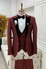 Glamorous Peaked Lapel Three Pieces Burgundy Prom Suits