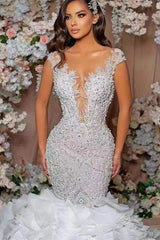 Glamorous Cap Sleeves Mermaid Lace Appliques Wedding Dress With Ruffle
