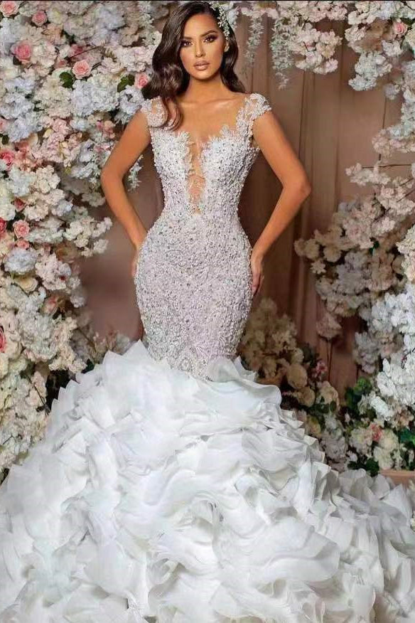 Glamorous Cap Sleeves Mermaid Lace Appliques Wedding Dress With Ruffle