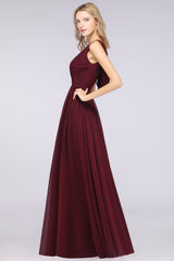 Glamorous Chiffon V-Neck Sleeveless Burgundy Bridesmaid Dress with Draped Back-27dress