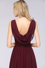 Glamorous Chiffon V-Neck Sleeveless Burgundy Bridesmaid Dress with Draped Back-27dress