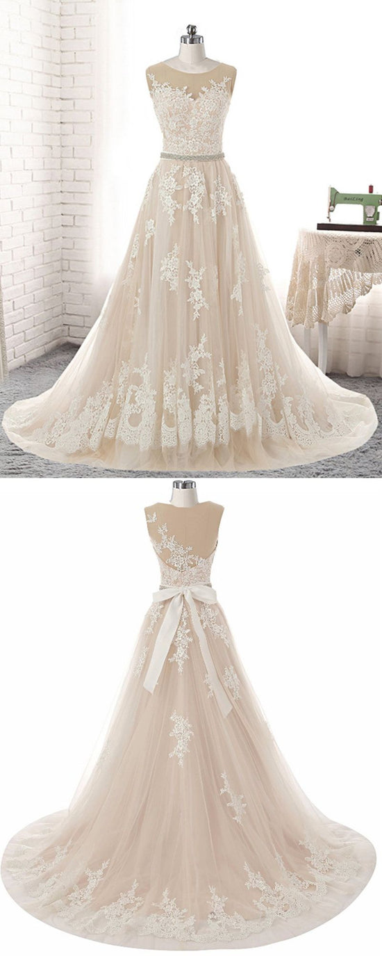 Load image into Gallery viewer, Glamorous Creamy Tulle Round Neck Long Wedding Dress White Lace Applique Bridal Gowns On Sale-27dress
