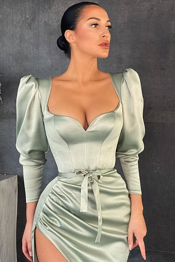 Glamorous Dusty Sage Long Sleeves Pleated Long Prom Dress Split With Belt