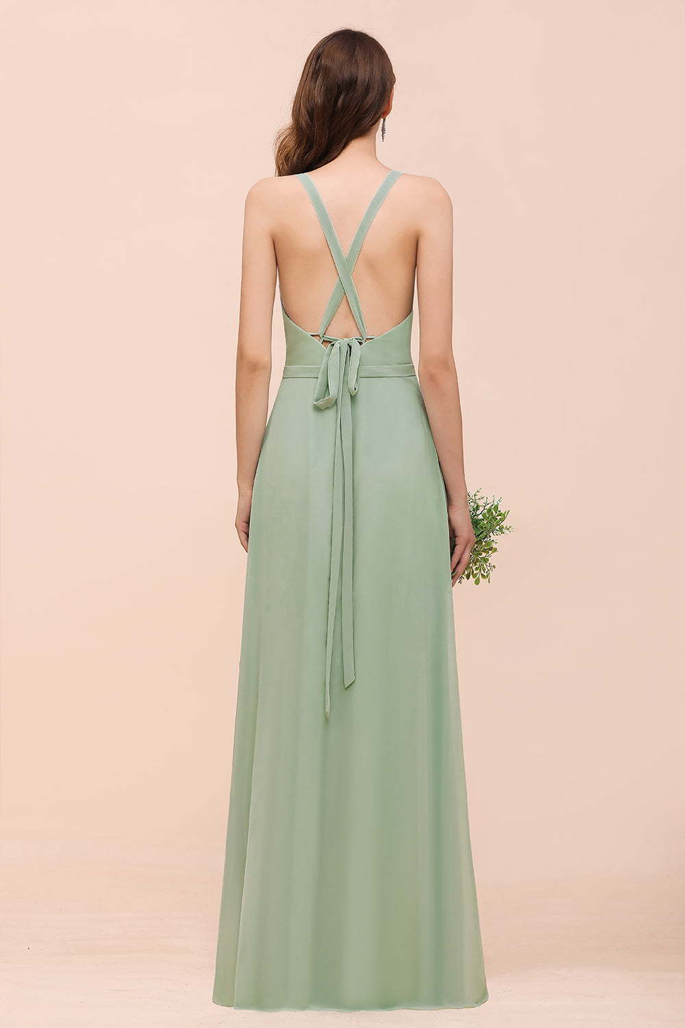 Load image into Gallery viewer, Glamorous Dusty Sage V-Neck Straps Affordable Bridesmaid Dress-27dress
