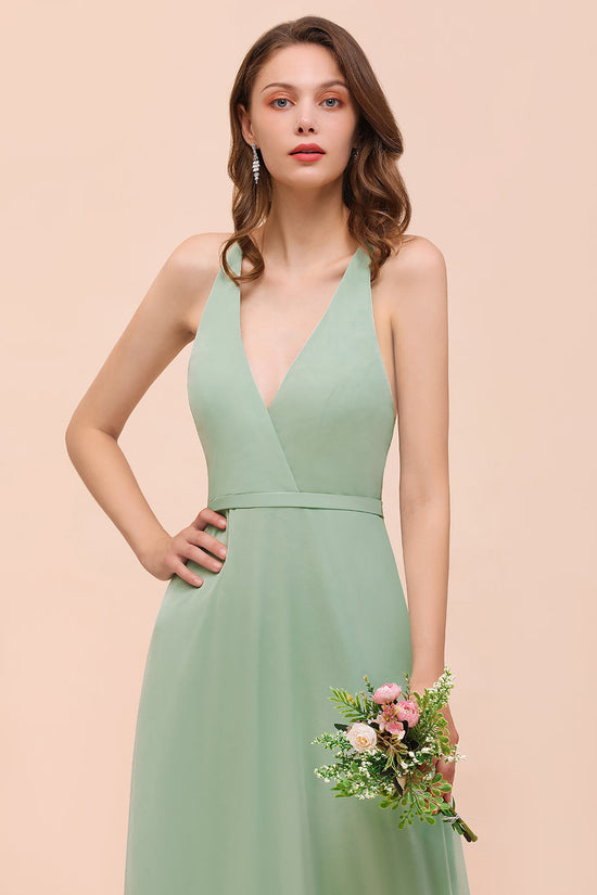 Load image into Gallery viewer, Glamorous Dusty Sage V-Neck Straps Affordable Bridesmaid Dress-27dress
