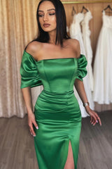 Glamorous Emerald Off the Shoulder Pleated Long Prom Dress With Split