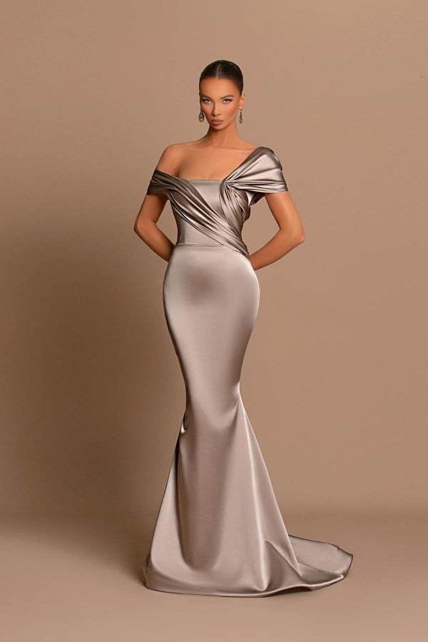 Glamorous Gray Off the Shoulder Mermaid Prom Dress With Pleated