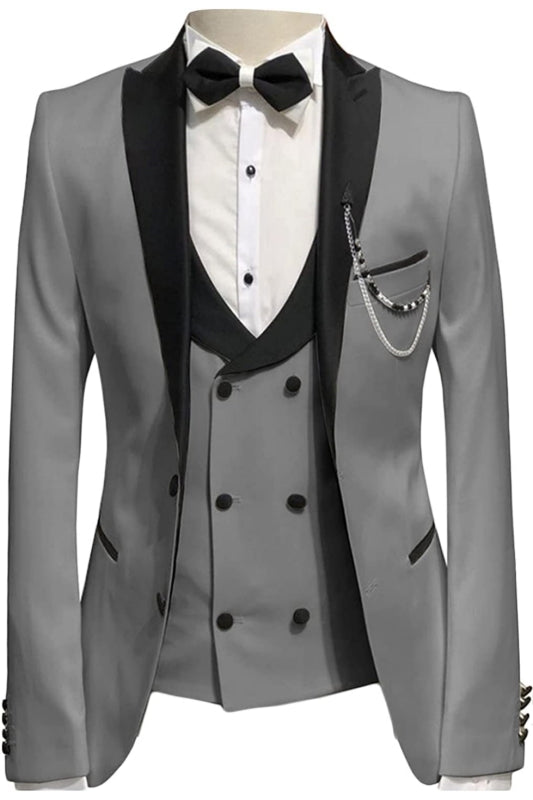 Glamorous Peaked Lapel Three Pieces Gray Prom Suits