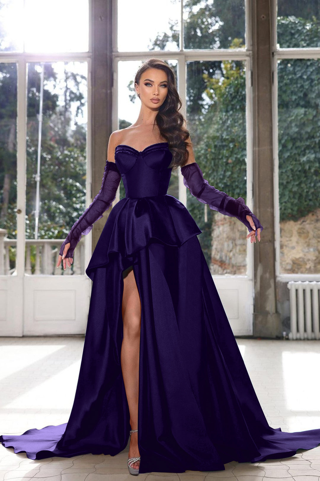 Glamorous Half Sleeves Ink Blue Prom Dress Strapless With High Split Gown