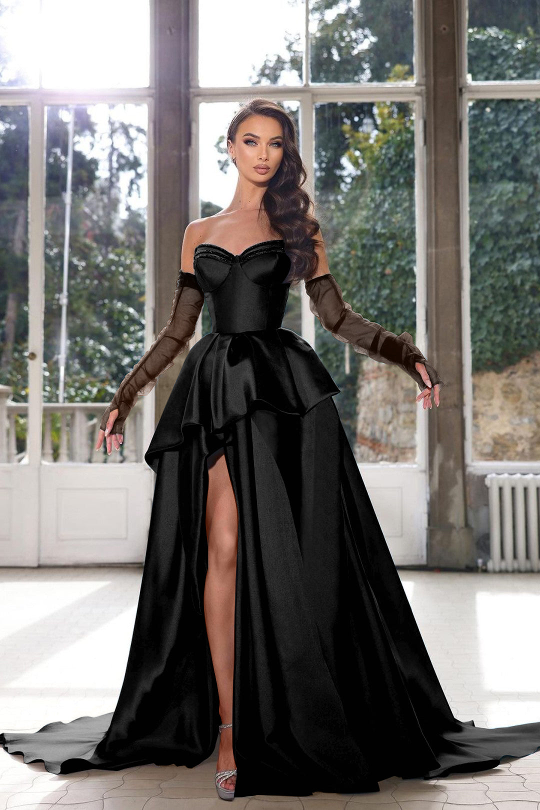 Glamorous Half Sleeves Ink Blue Prom Dress Strapless With High Split Gown