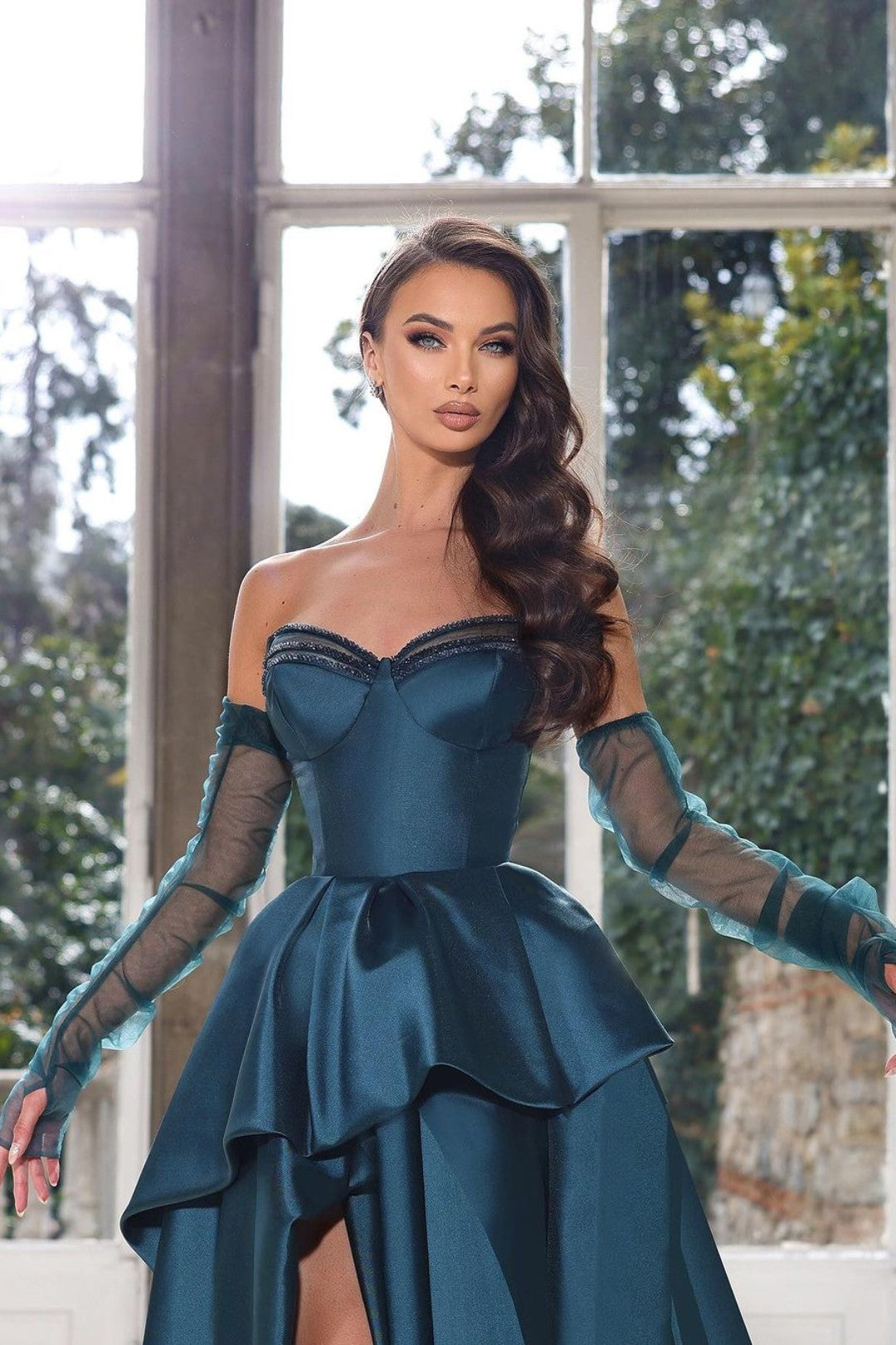 Glamorous Half Sleeves Ink Blue Prom Dress Strapless With High Split Gown