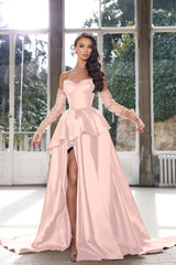 Glamorous Half Sleeves Ink Blue Prom Dress Strapless With High Split Gown