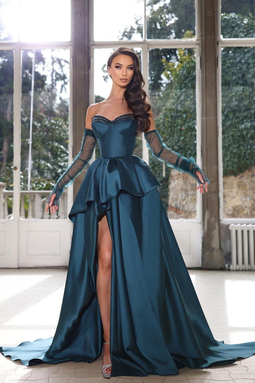 Glamorous Half Sleeves Ink Blue Prom Dress Strapless With High Split Gown