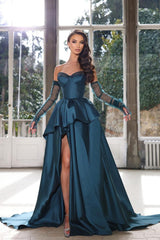 Glamorous Half Sleeves Ink Blue Prom Dress Strapless With High Split Gown