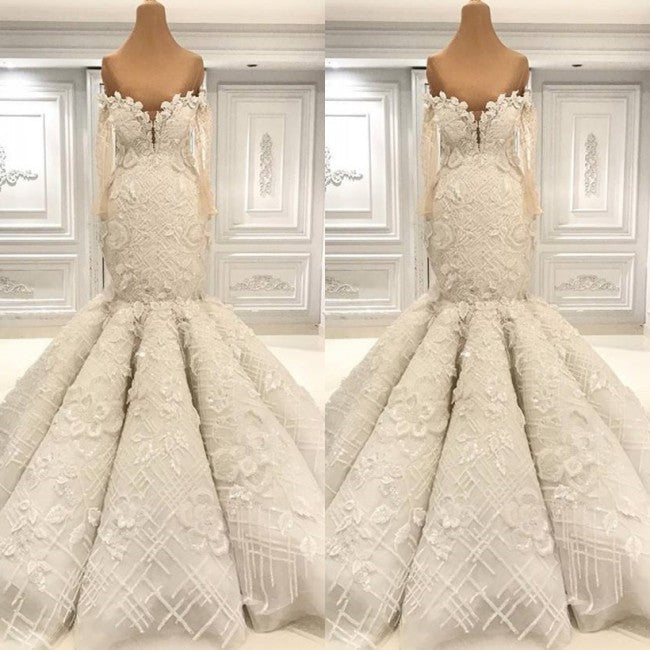 Glamorous Halfsleeves White Mermaid Weddung Dresses Strapless Ruffles Bridal Gowns With Appliques Online-27dress