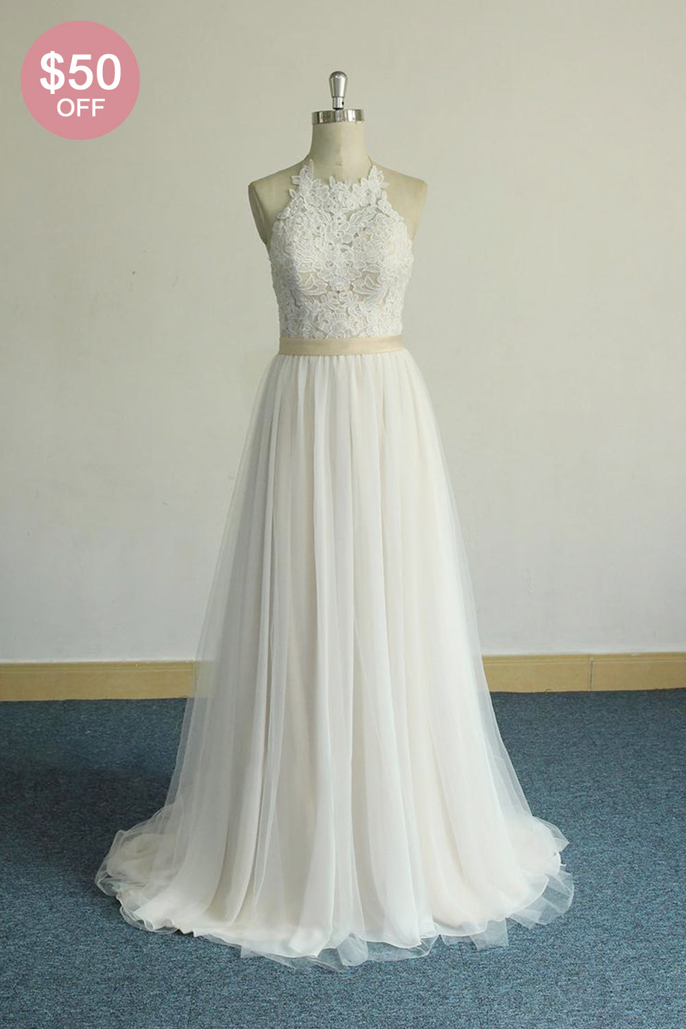 Glamorous Halter Ivory A-line Wedding Dresses Lace Tulle Ruffles Bridal Gowns With Appliques Online-27dress