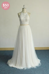 Glamorous Halter Ivory A-line Wedding Dresses Lace Tulle Ruffles Bridal Gowns With Appliques Online-27dress