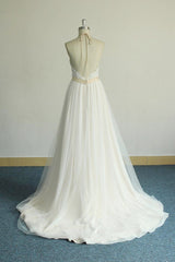 Glamorous Halter Ivory A-line Wedding Dresses Lace Tulle Ruffles Bridal Gowns With Appliques Online-27dress