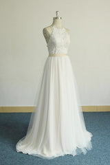 Glamorous Halter Ivory A-line Wedding Dresses Lace Tulle Ruffles Bridal Gowns With Appliques Online-27dress