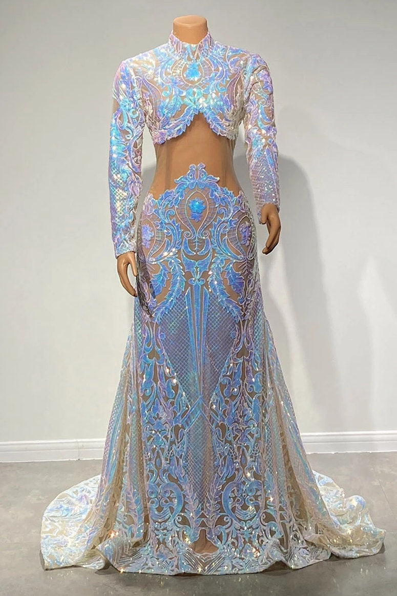Glamorous High Neck Mermaid Long Sleeves Long Prom Dress With Sequins Lace