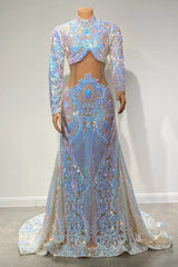 Glamorous High Neck Mermaid Long Sleeves Long Prom Dress With Sequins Lace
