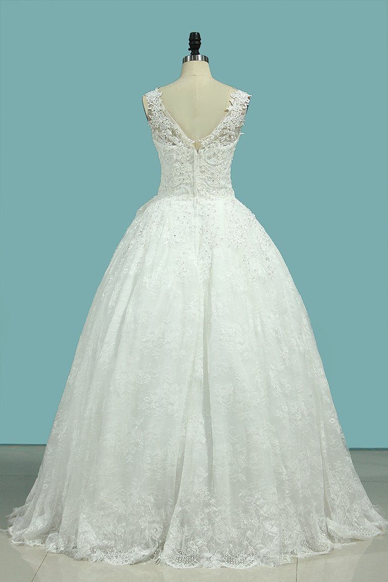 Glamorous Jewe Tull Lace Wedding Dress Appliques Sleeveless Beadings Bridal Gowns Online-27dress