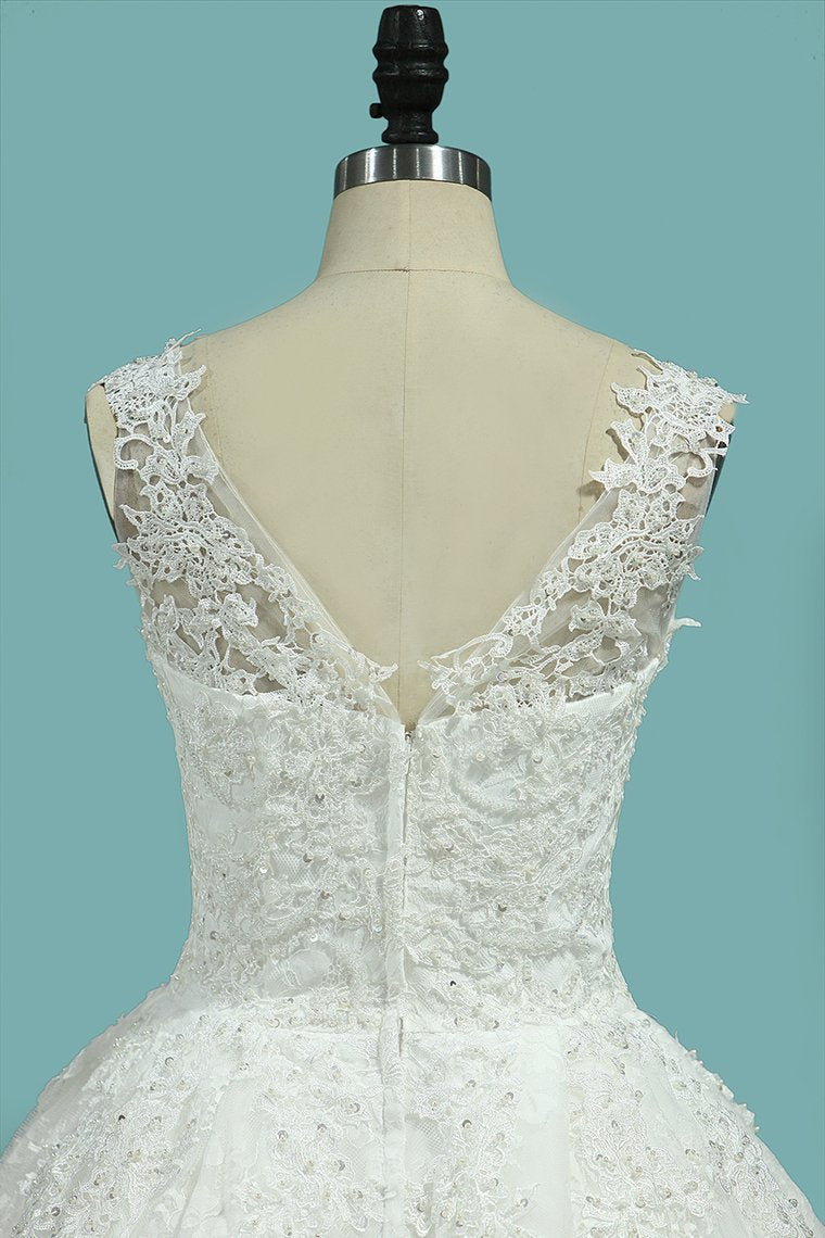 Glamorous Jewe Tull Lace Wedding Dress Appliques Sleeveless Beadings Bridal Gowns Online-27dress