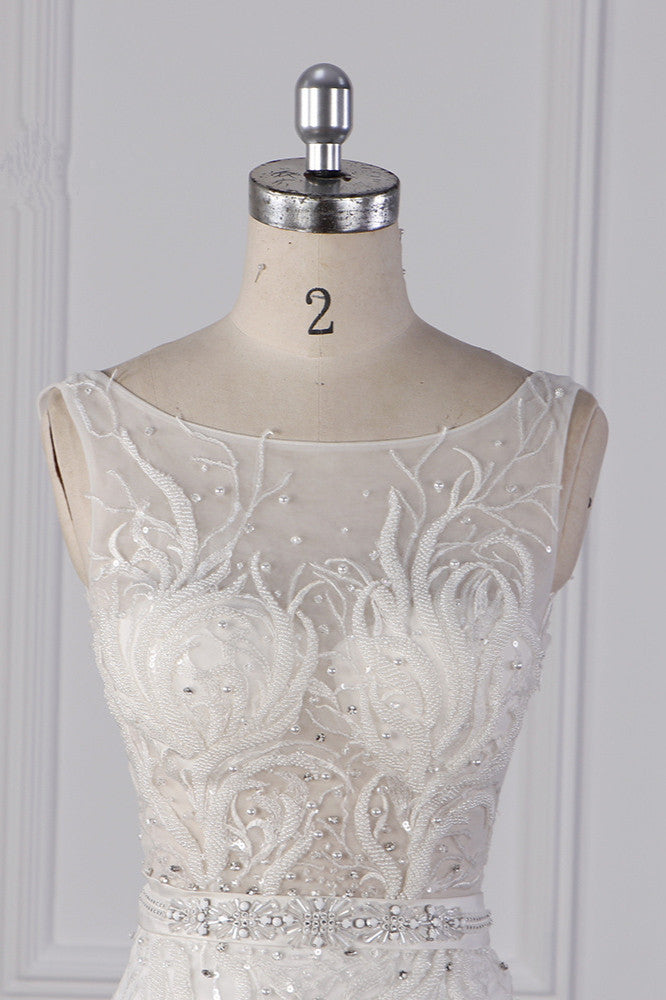 Glamorous Jewel Beadings Sheath Wedding Dress Tulle Beadings Appliques Bridal Gowns On Sale-27dress