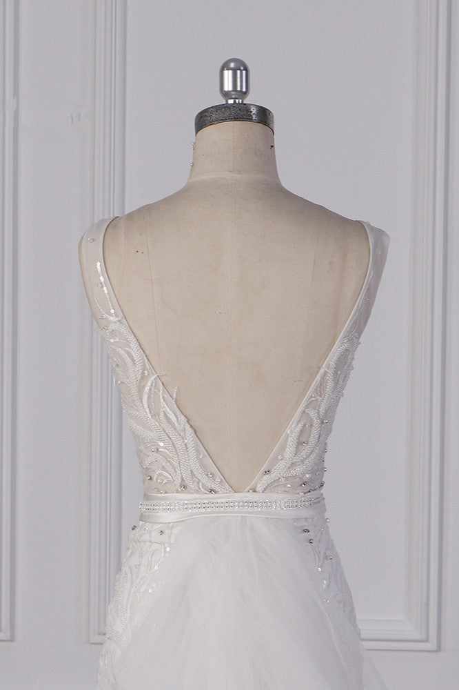 Glamorous Jewel Beadings Sheath Wedding Dress Tulle Beadings Appliques Bridal Gowns On Sale-27dress
