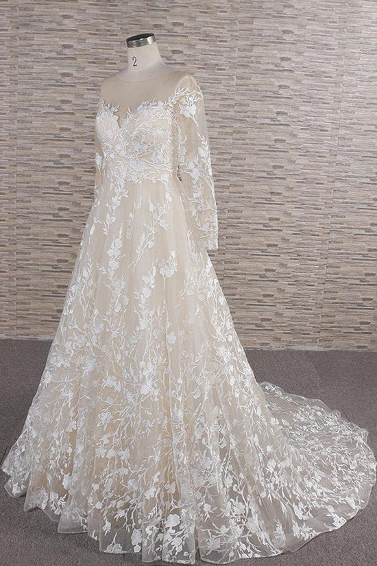 Load image into Gallery viewer, Glamorous Jewel Longsleeves Champagne Wedding Dresses A-line Lace Bridal Gowns With Appliques On Sale-27dress
