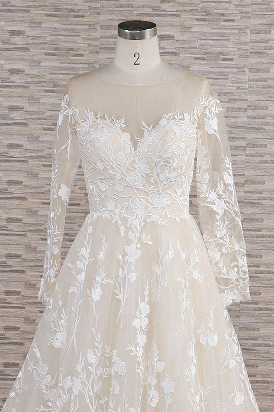 Load image into Gallery viewer, Glamorous Jewel Longsleeves Champagne Wedding Dresses A-line Lace Bridal Gowns With Appliques On Sale-27dress
