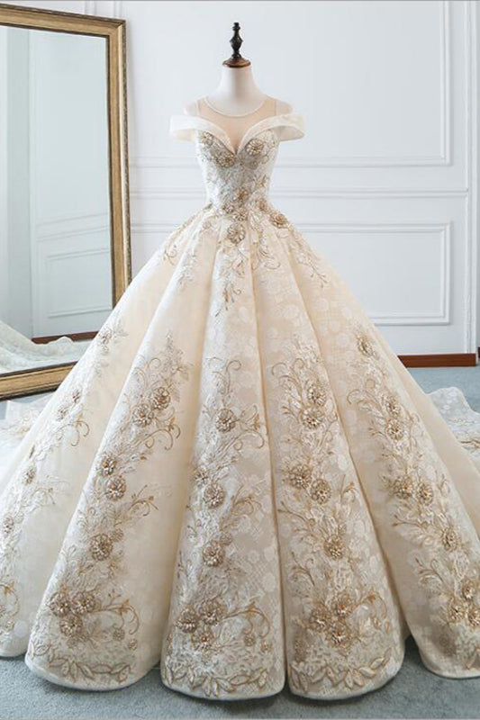 Glamorous Jewel Sleeveless Champagne Wedding Dress Appliques Bridal Gowns with Beadings Online-27dress