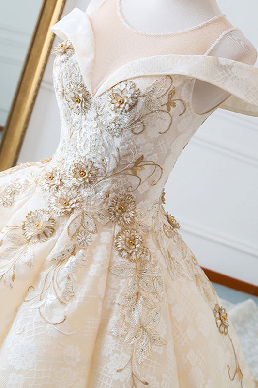 Glamorous Jewel Sleeveless Champagne Wedding Dress Appliques Bridal Gowns with Beadings Online-27dress