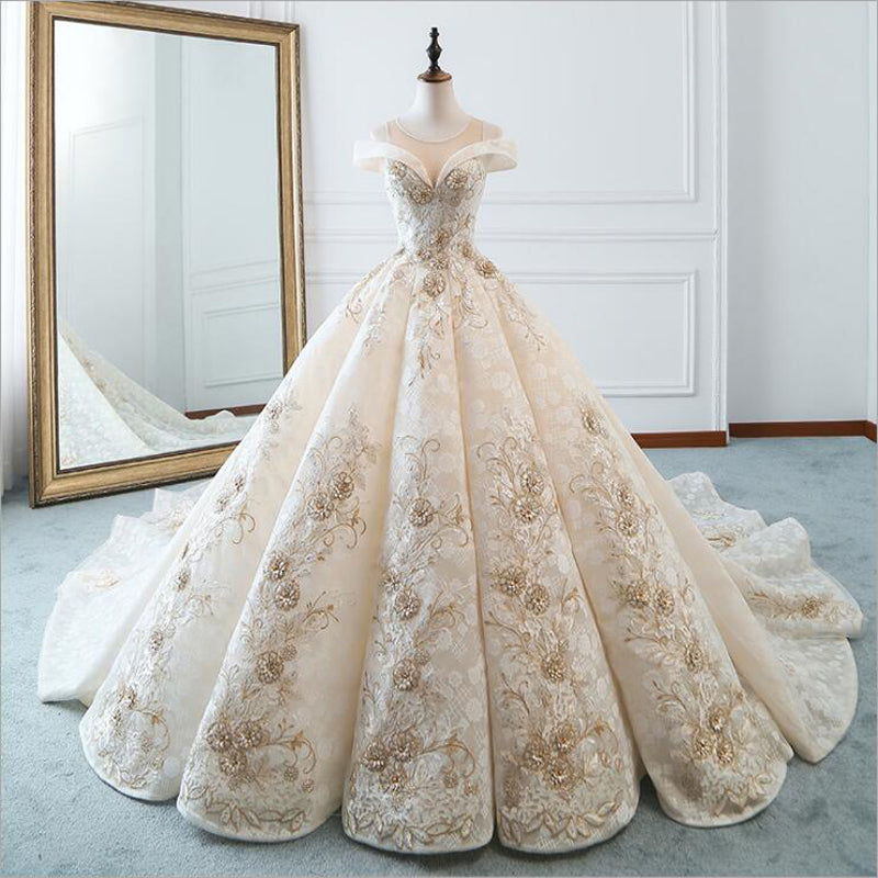 Glamorous Jewel Sleeveless Champagne Wedding Dress Appliques Bridal Gowns with Beadings Online-27dress