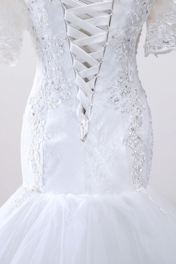Glamorous Jewel Tulle Lace Wedding Dress Mermaid Short Sleeves Beading Bridal Gowns Online-27dress