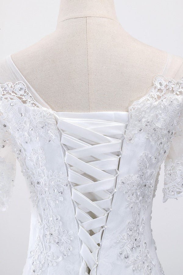 Glamorous Jewel Tulle Lace Wedding Dress Mermaid Short Sleeves Beading Bridal Gowns Online-27dress