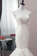 Glamorous Jewel Tulle Mermaid Iovry Wedding Dress Lace Appliques Sleeveless Bridal Gowns On Sale-27dress