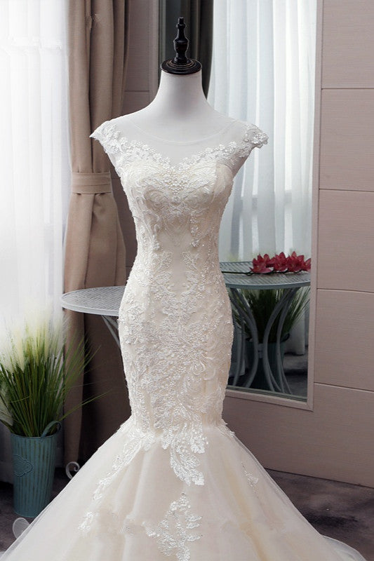 Glamorous Jewel Tulle Mermaid Iovry Wedding Dress Lace Appliques Sleeveless Bridal Gowns On Sale-27dress