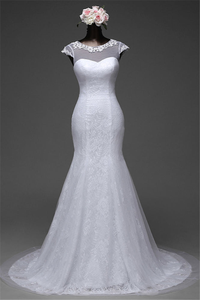 Glamorous Lace Jewel White Mermaid Wedding Dresses with Beadings Online-27dress