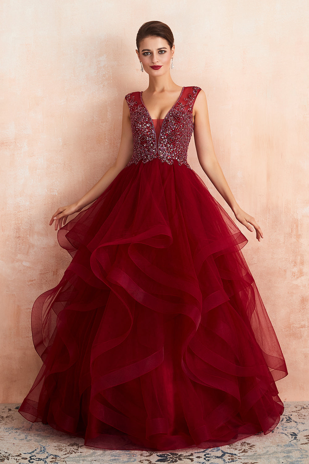 Glamorous Long Ball Gown V-neck Tulle Burgundy Prom Dress 27dress Glamorous Long Ball Gown V-neck Tulle Burgundy Prom Dress 27dress