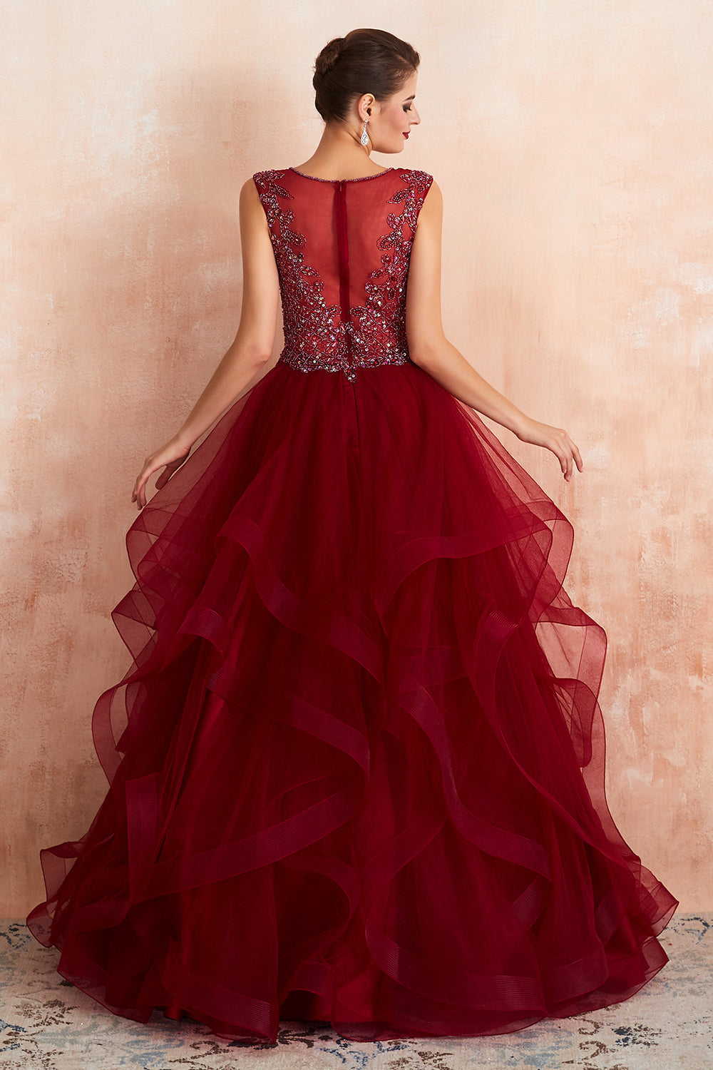 Glamorous Long Ball Gown V-neck Tulle Burgundy Prom Dress-27dress