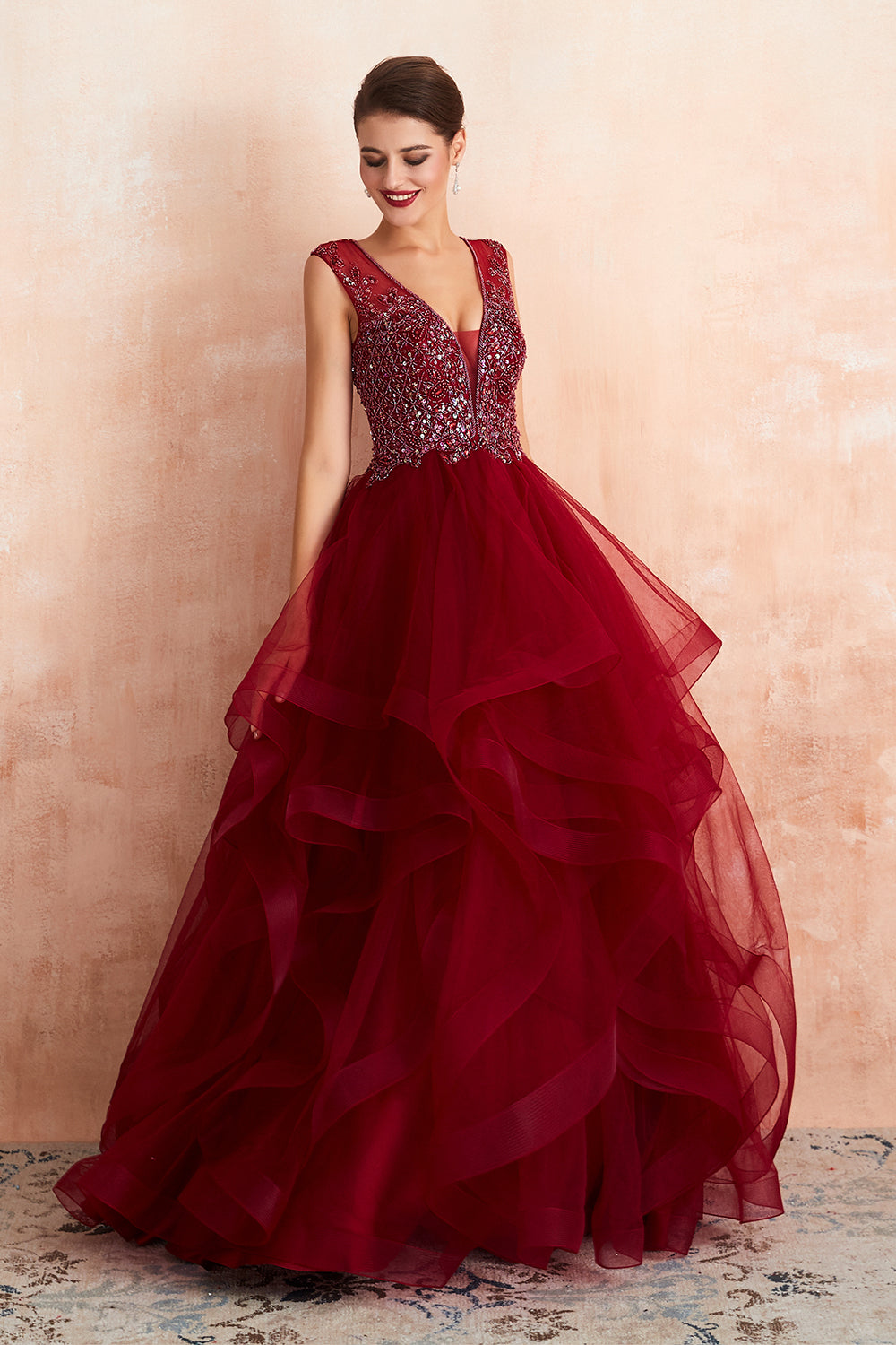 Glamorous Long Ball Gown V-neck Tulle Burgundy Prom Dress-27dress