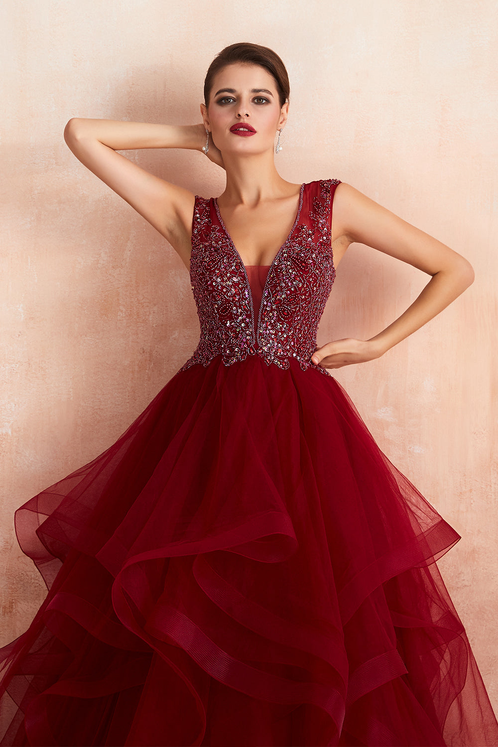 Glamorous Long Ball Gown V-neck Tulle Burgundy Prom Dress-27dress
