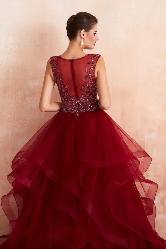 Glamorous Long Ball Gown V-neck Tulle Burgundy Prom Dress-27dress