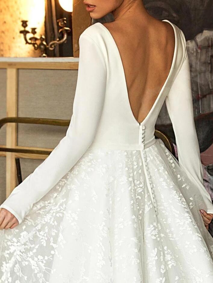 Glamorous Long Sleeve V-Neck Wedding Dress With Lace Appliques-27dress
