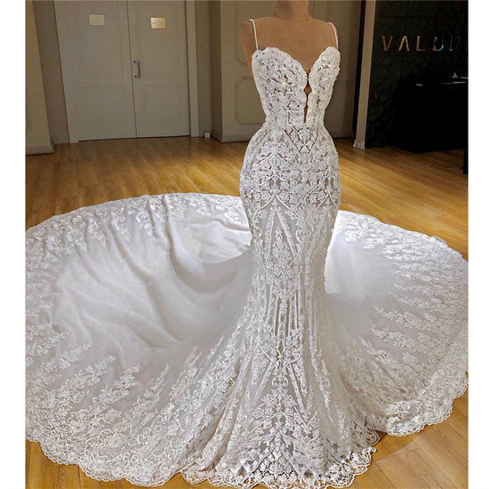Load image into Gallery viewer, Glamorous Mermaid White Lace Wedding Dresses With Appliques Spaghetti Straps Bridal Gowns Online-27dress
